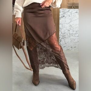 Chic Satin and Lace Coffee Maxi Skirt